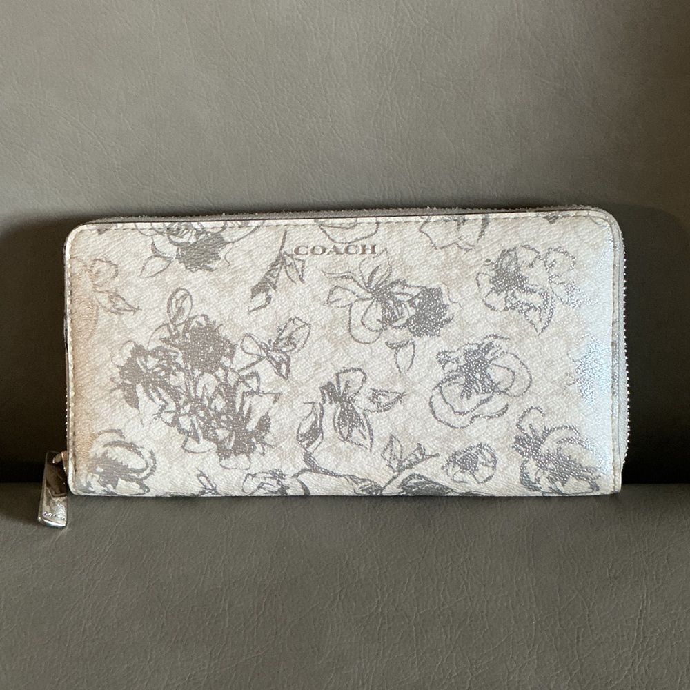 Coach Cream and Silver Floral Zip-Around Wallet